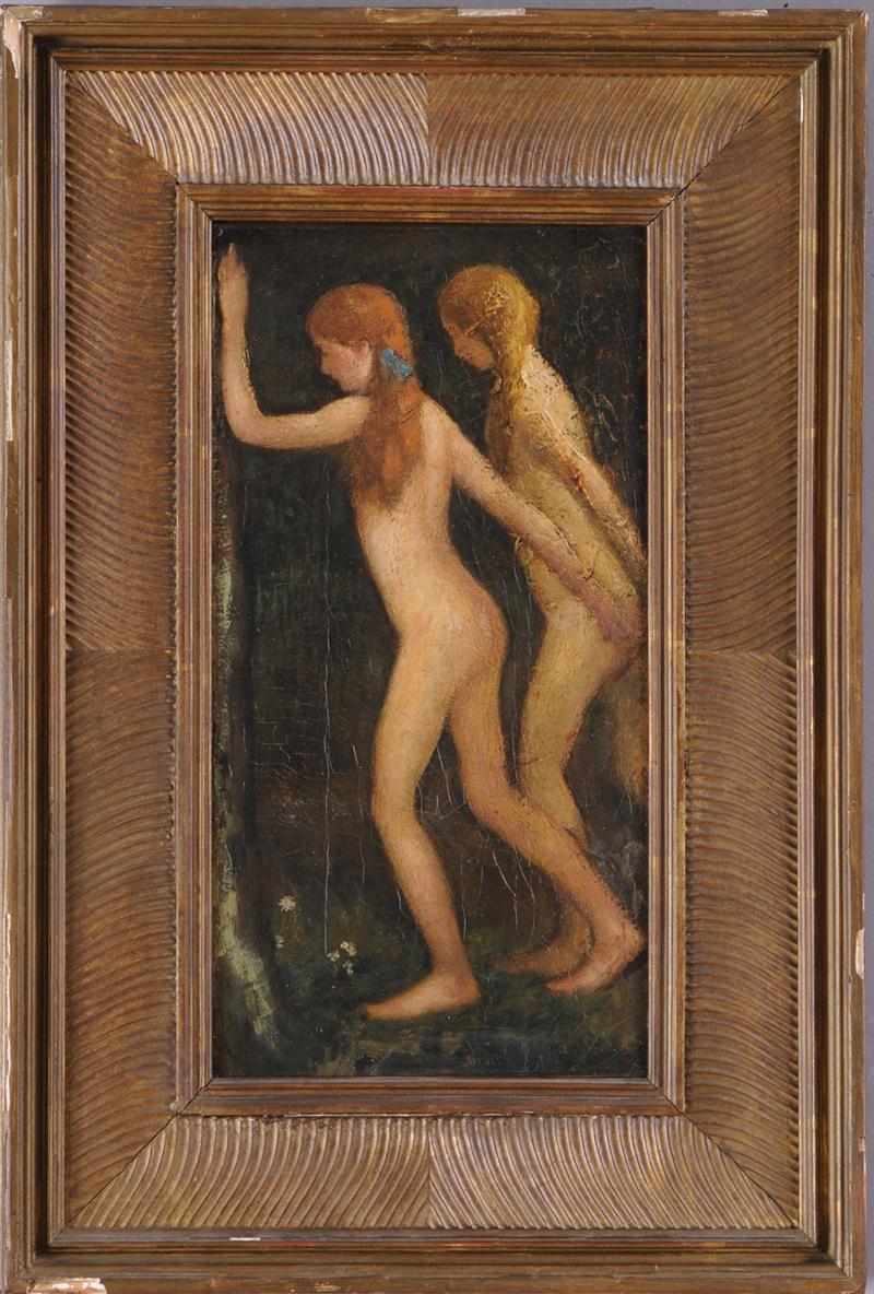 Appraisal: A B DAVIES TWO NUDE GIRLS Oil on canvas relined