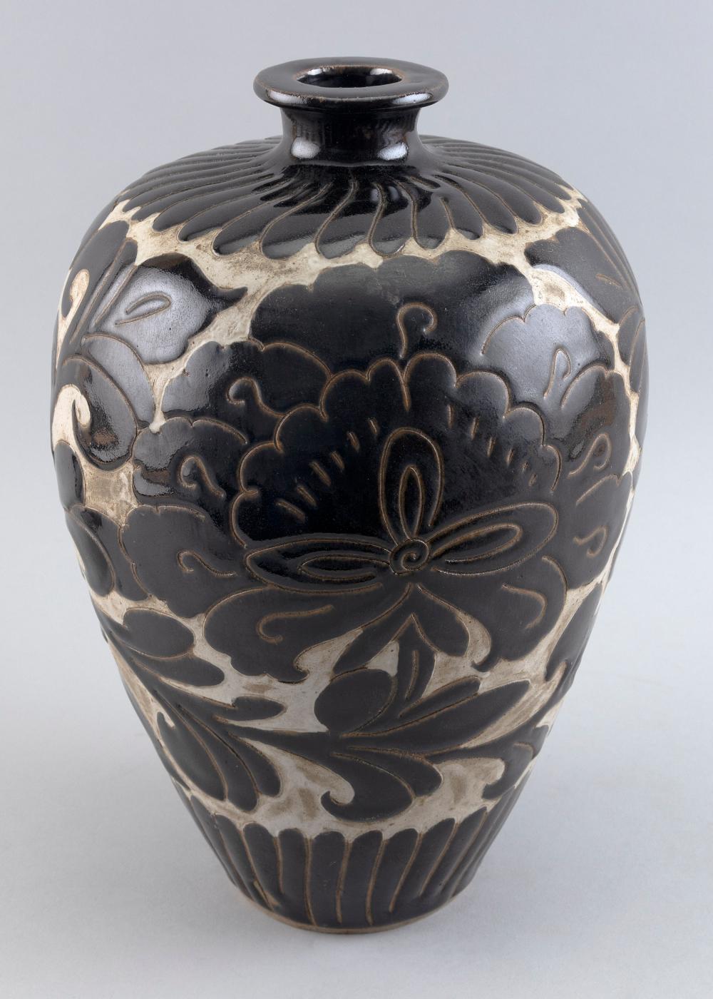 Appraisal: CHINESE BROWN AND WHITE SGRAFFITO POTTERY VASE TH CENTURY HEIGHT