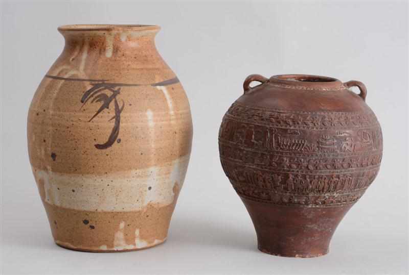 Appraisal: TWO POTTERY JARS Comprising a Japanese buff stoneware ovoid jar