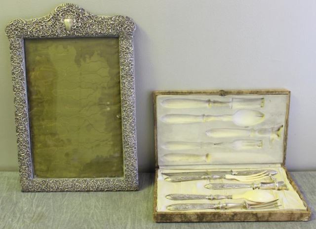 Appraisal: SILVER Repousse Frame and Boxed Flatware Includes an English hallmarked