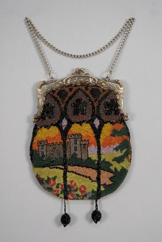 Appraisal: SCENIC BEADED BAG EARLY th C Hinged silver metal frame