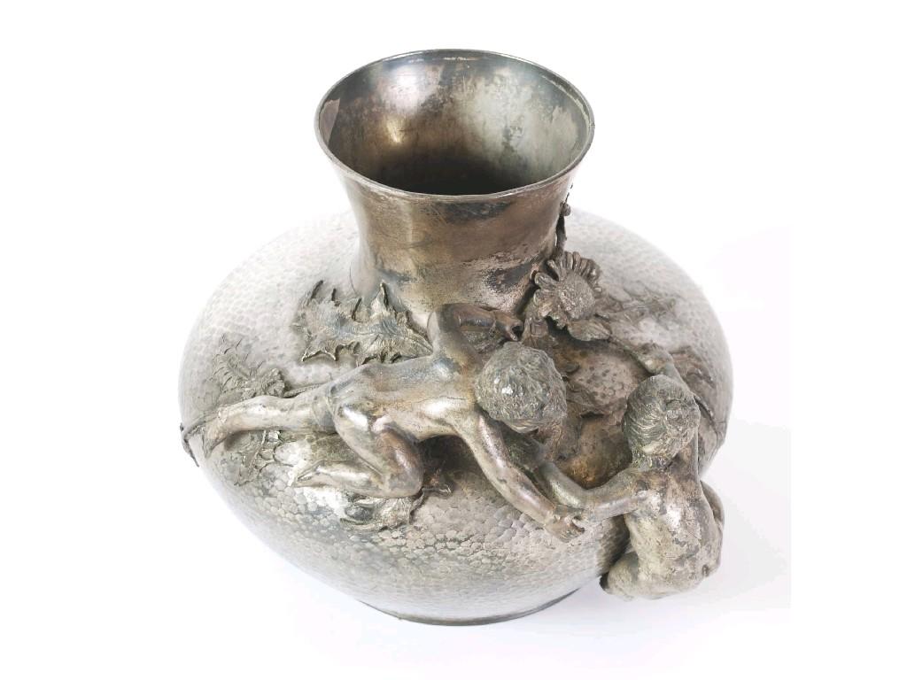 Appraisal: CONTINENTAL PLANISHED SILVERED METAL VASE squat form applied with two