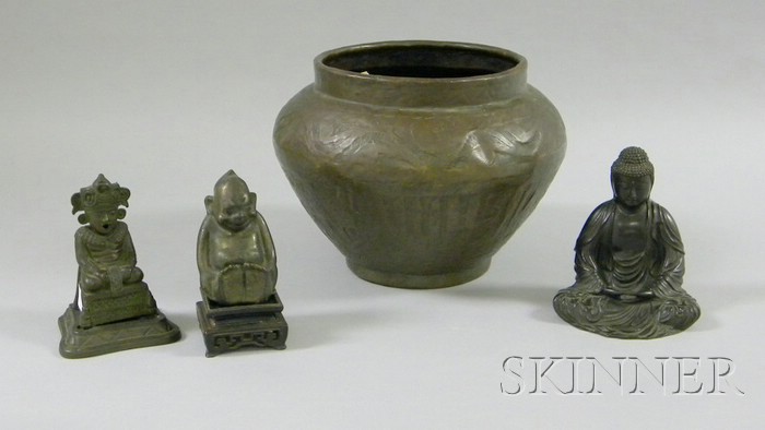 Appraisal: Three Bronze Seated Figures and a Planter including a Buddha