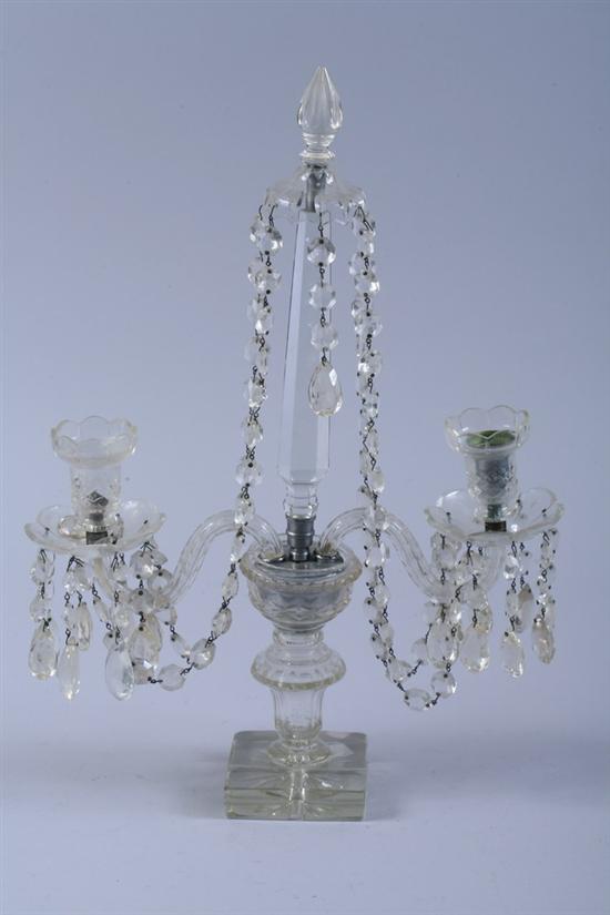 Appraisal: THREE-LIGHT CUT GLASS CANDELABRUM th century Suspending lustres - in