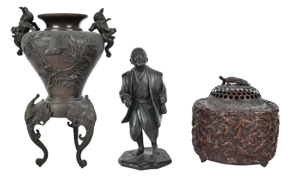 Appraisal: THREE PIECES OF ASIAN METALWAREcomprising a covered censer a figure