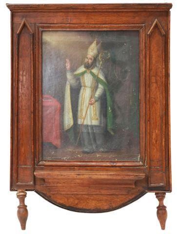 Appraisal: Framed oil on canvas retablo Saint Augustine of Hippo depicted