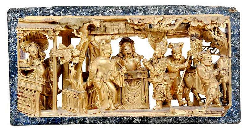 Appraisal: Chinese Carved Gilt Frieze scene with courtly figures and horse