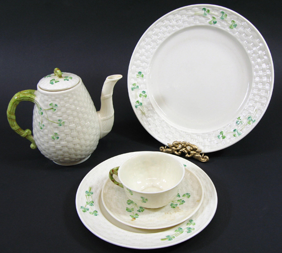 Appraisal: A PIECE IRISH BELLEEK DINNER TEAWARE GROUP mostly green mark