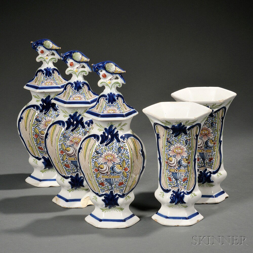 Appraisal: Dutch Delft Five-piece Vase Garniture Holland th century each polychrome