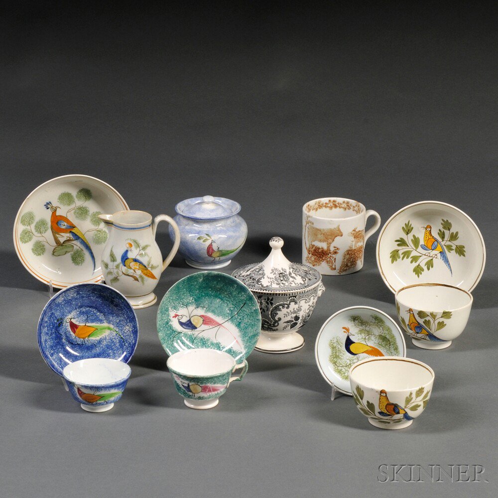 Appraisal: Group of Hand-painted Spatterware Pottery Items Britain early th century