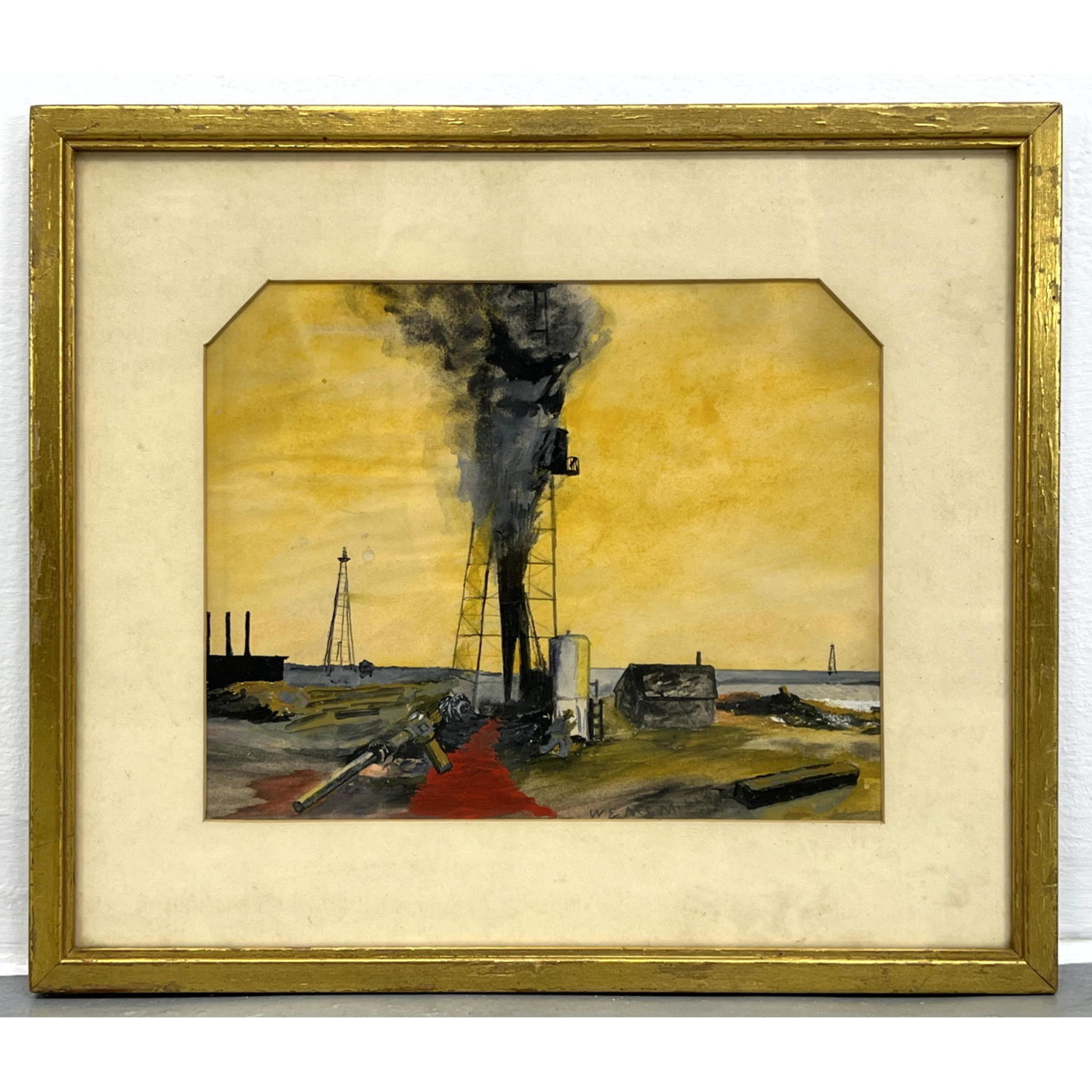 Appraisal: Very Early Watercolor Painting of Oil Well gusher Illegibly signed