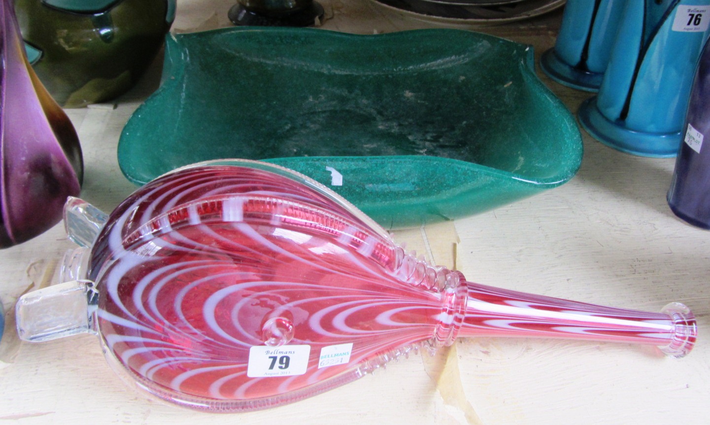 Appraisal: A Nailsea cranberry glass bottle flask with ribbon detail cm