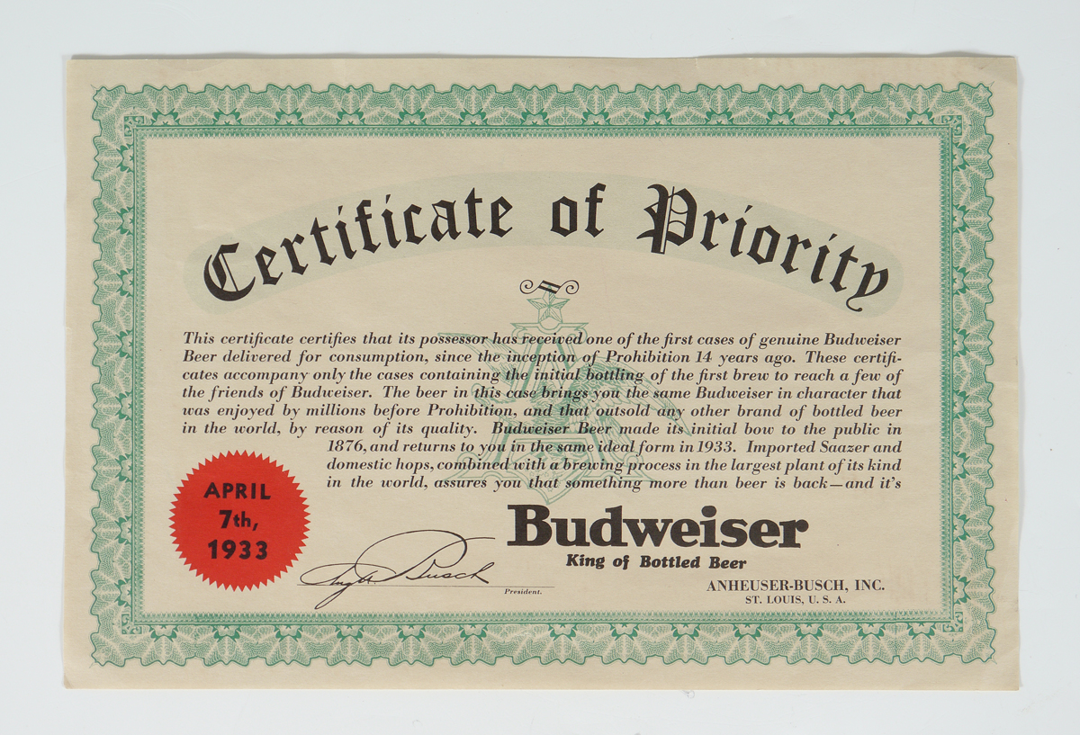 Appraisal: BUDWEISER CERTIFICATE OF PRIORITY Dated April th certifies that the