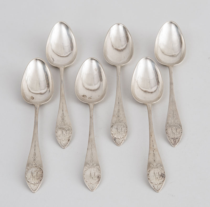 Appraisal: SET OF SIX AMERICAN SILVER TABLESPOONS Marked 'TN' for Thomas