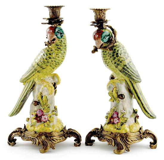 Appraisal: Pair metal-mounted ceramic parrot candlesticks vibrantly painted figures of perched