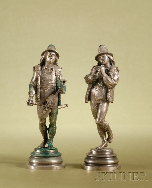 Appraisal: Pair of French Silvered Bronze Figures of Minstrel Musicians early