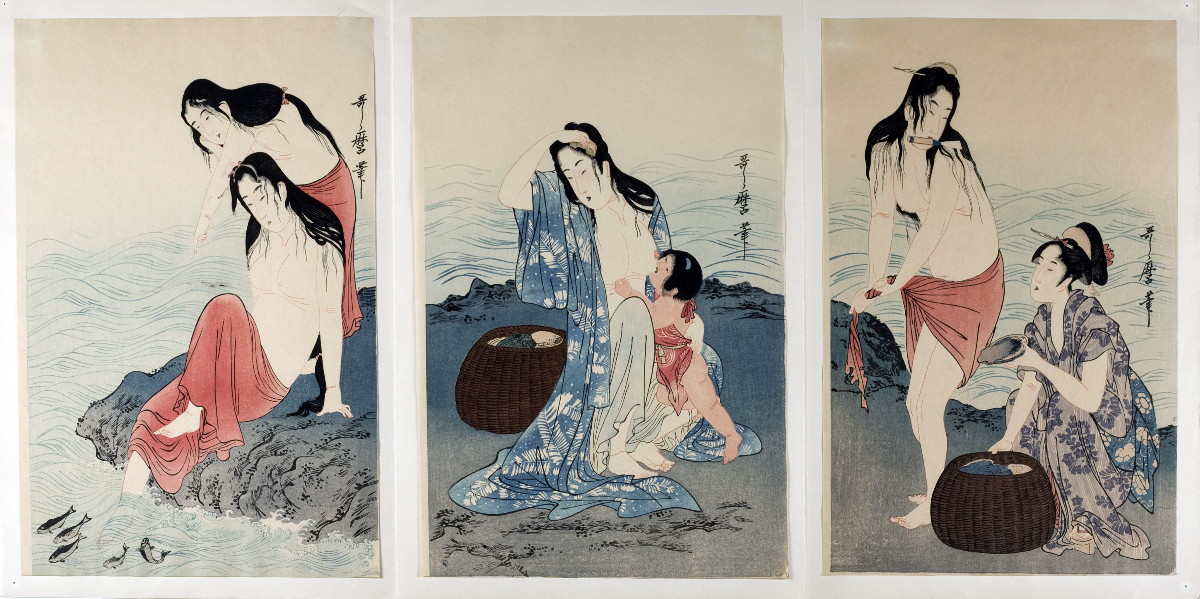 Appraisal: JAPANESE WOODBLOCK TRIPTYCH OF WOMEN BATHING IN THE SEA Ink