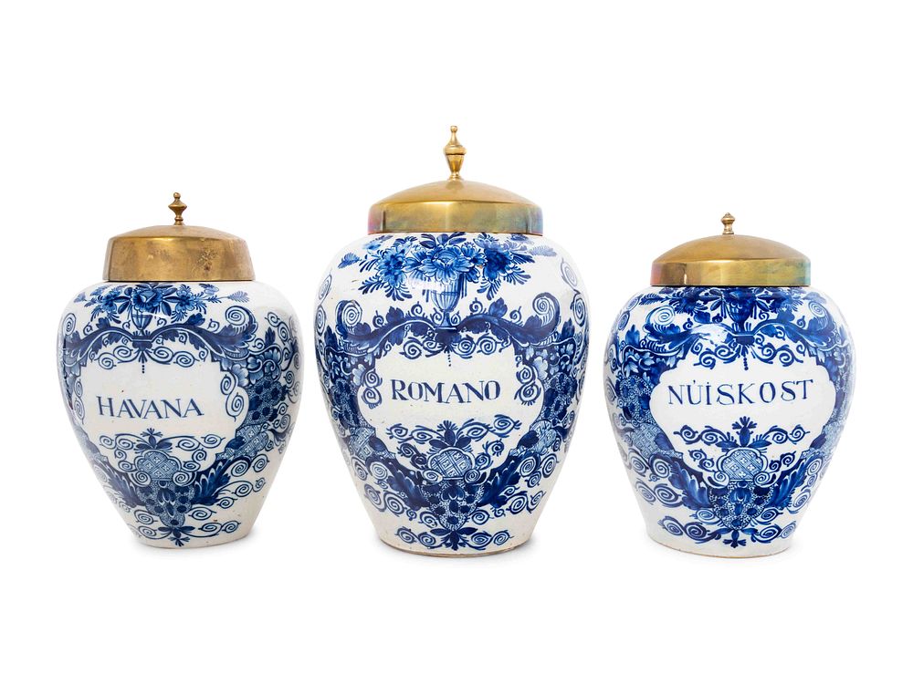 Appraisal: Three Delft Blue and White Tobacco Jars Three Delft Blue