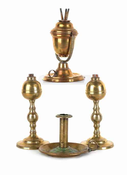 Appraisal: Pair of turned brass oil lamps ca together with a