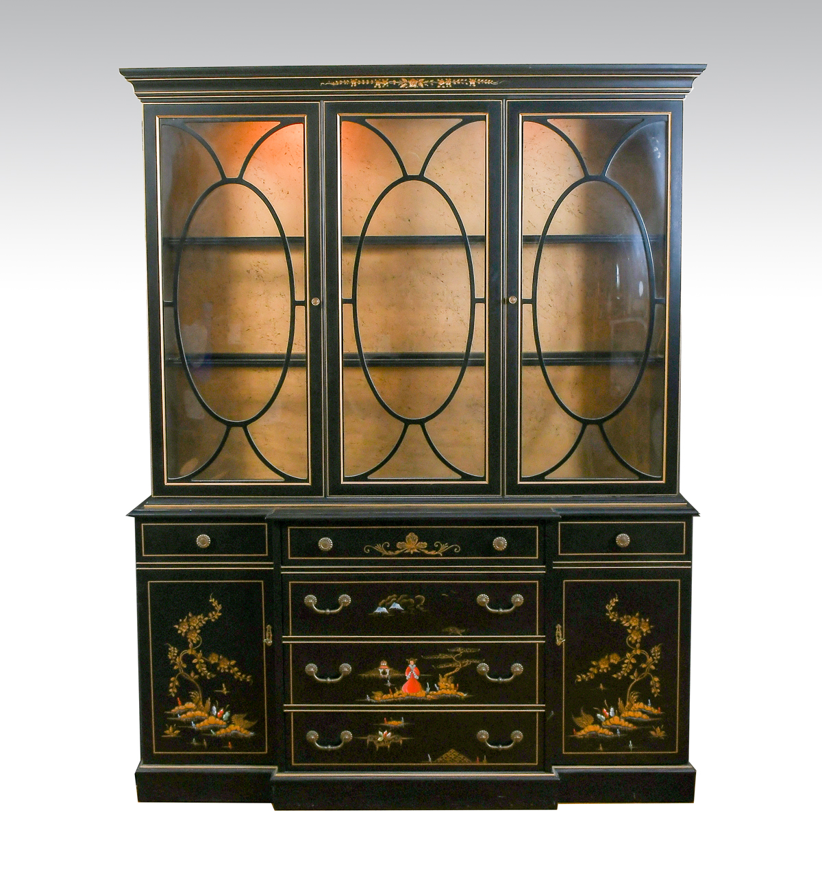 Appraisal: JASPER CHINOISERIE PAINTED CHINA CABINET Two shelf lighted glass front