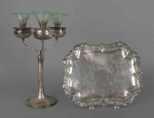 Appraisal: Silver plated three-light candelabra h together with a Sheffield tray