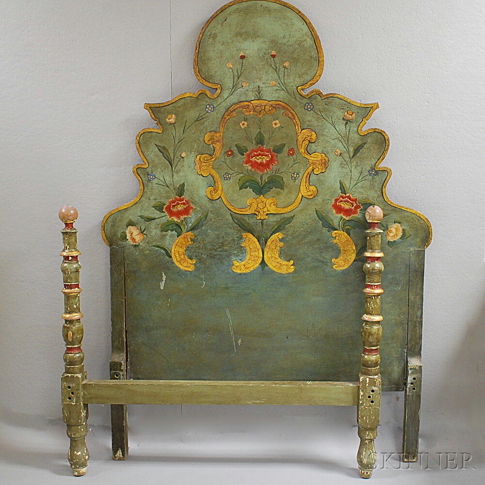 Appraisal: Louis XV-style Polychrome Gesso Bed the valanced headboard with central