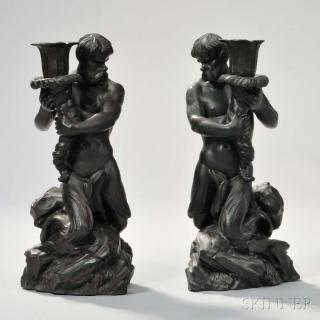 Appraisal: Pair of Modern Wedgwood Black Basalt Triton Candlesticks England each