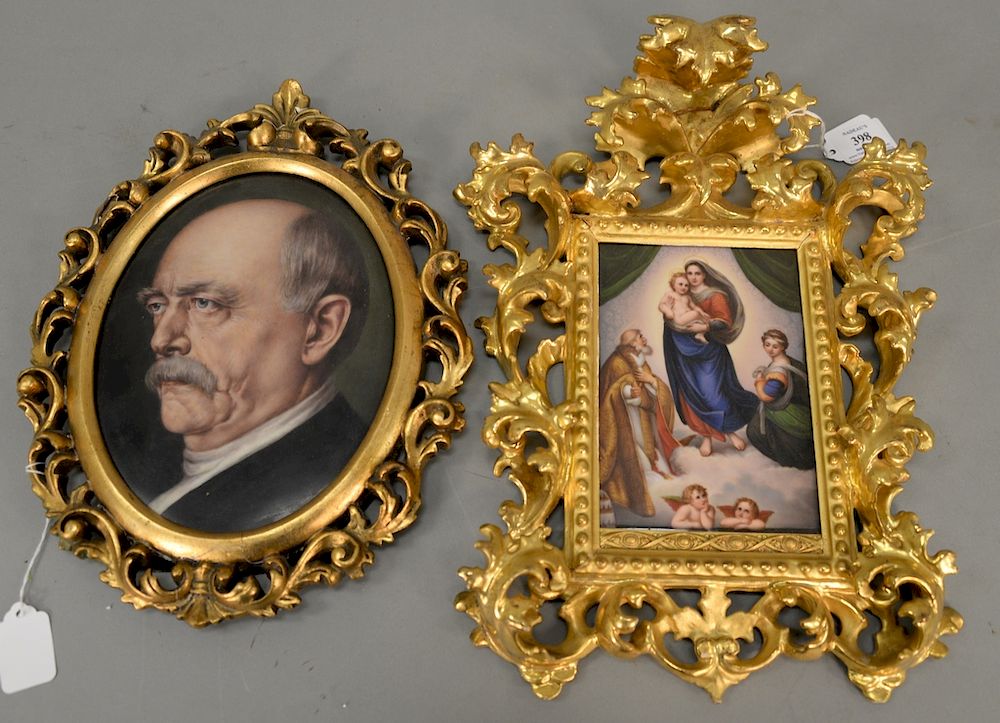 Appraisal: Two piece framed paintings on porcelain Madonna Child in gilt