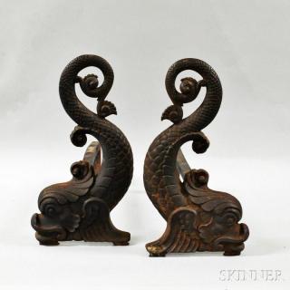 Appraisal: Pair of Bradley Hubbard Cast Iron Dolphin-form Andirons ht in