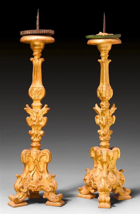 Appraisal: PAIR OF ALTAR CANDLESTICKS Baroque Italy th century Carved and