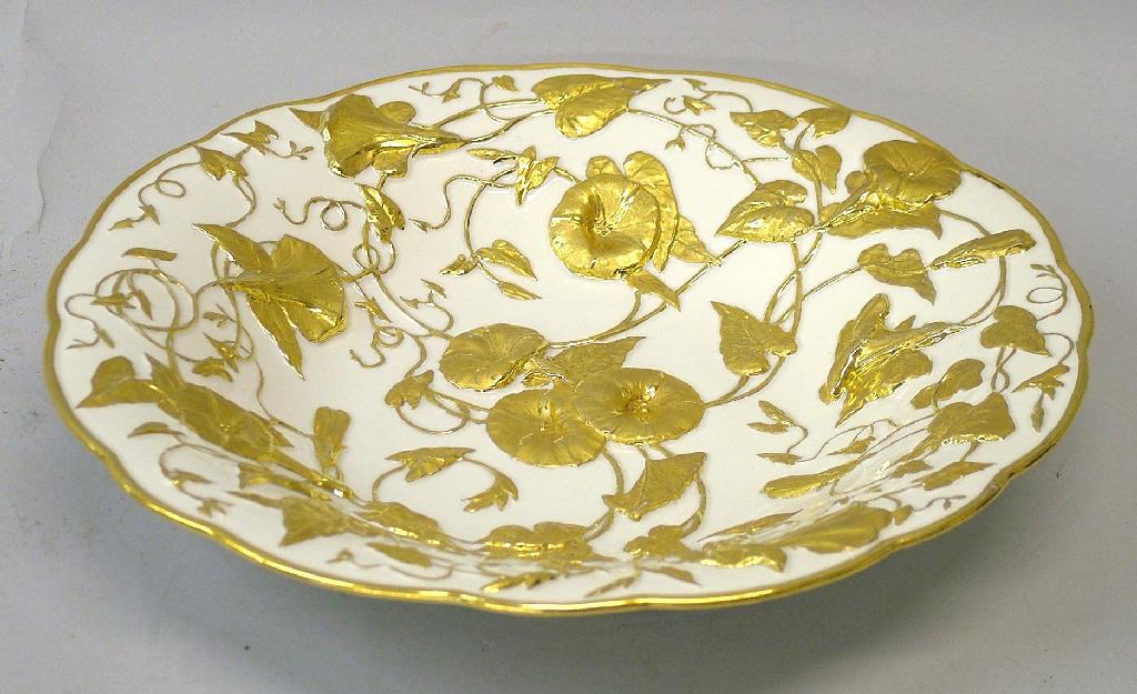 Appraisal: Dresden moulded shallow bowl with high raised gilt foliate decorations