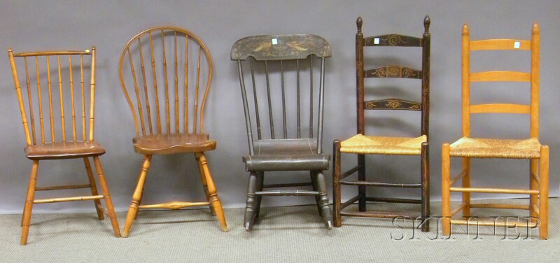 Appraisal: Five Assorted Wood Chairs a Windsor rod-back side a bow-back