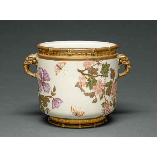 Appraisal: A Royal Worcester elephant handled jardiniere decorated with butterflies amidst