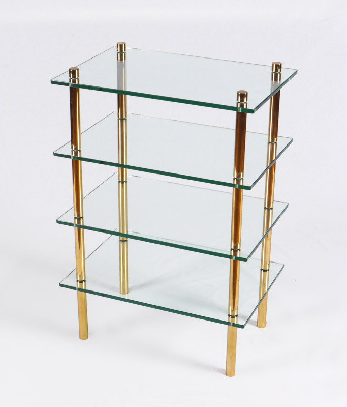 Appraisal: MID CENTURY GLASS BRASS TIER DISPLAY SHELF Brass support rods