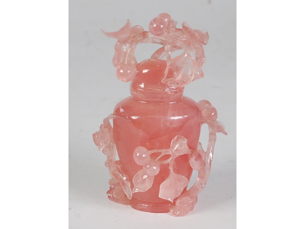 Appraisal: CHINESE CARVED ROSE QUARTZ VASE AND COVER high shouldered form