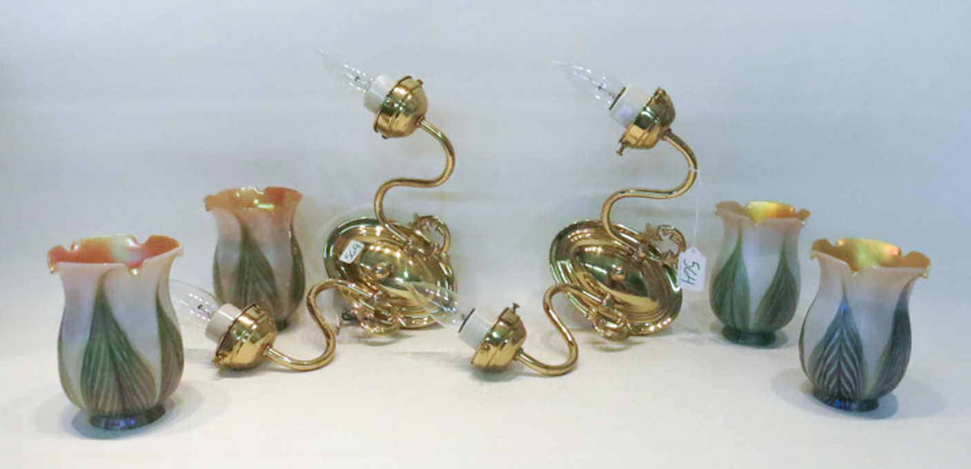 Appraisal: TWO WALL SCONCE LAMPS WITH FOUR LUNDBERG ART GLASS SHADES