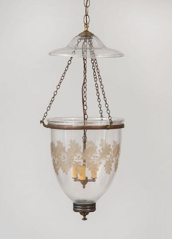 Appraisal: REGENCY STYLE ETCHED GLASS AND BRASS THREE-LIGHT HALL LANTERN The