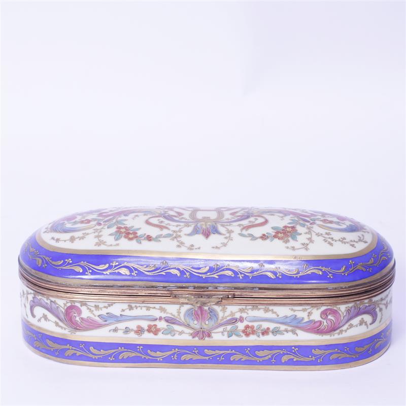 Appraisal: French Decorated Porcelain Jewelry Box with Raised and Gilt Ormolu