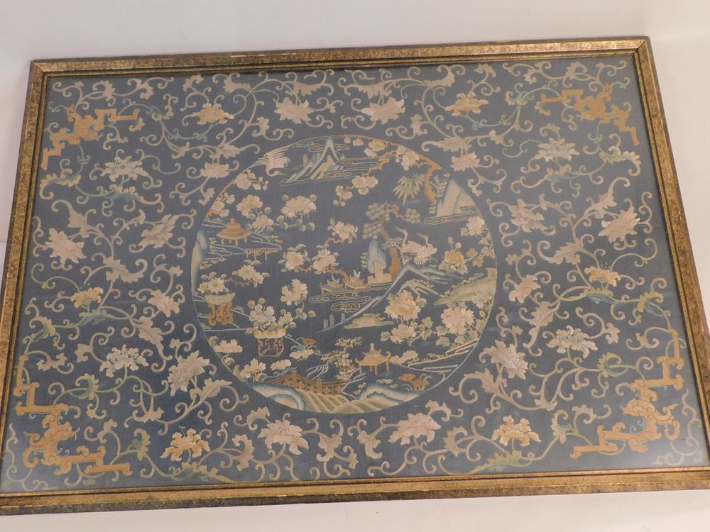 Appraisal: CHINESE EMBROIDERED SILK PANEL Fine antique Chinese embroidered blue silk