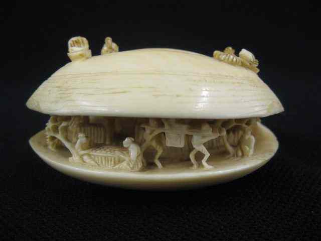 Appraisal: Chinese Carved Clam Shell Village fineinterior cut-out with villagers at