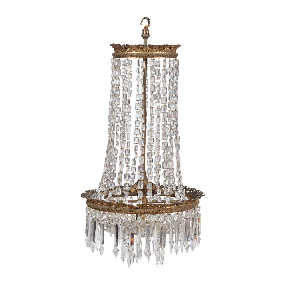 Appraisal: GILT BRASS AND CRYSTAL BASKET CHANDELIER TH CENTURY the corona