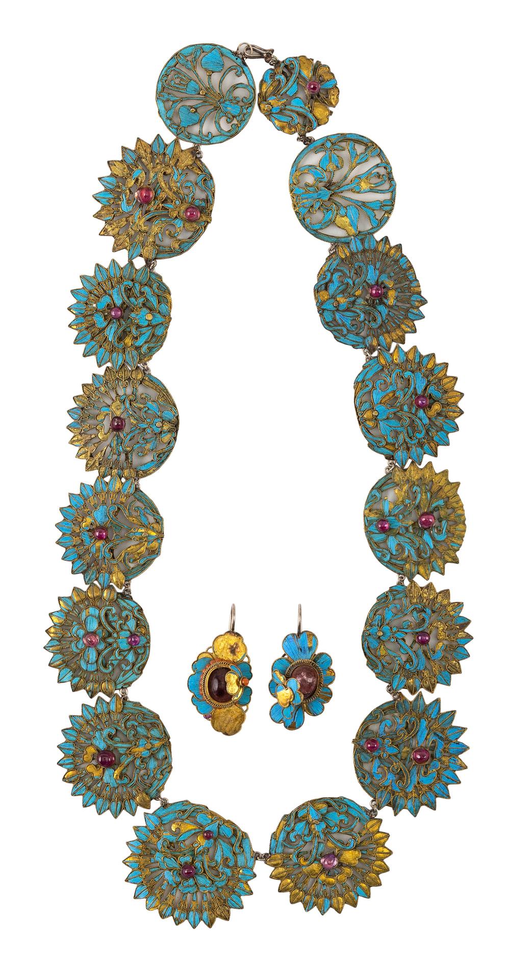 Appraisal: PAIR OF KINGFISHER FEATHER EARRINGS AND MEDALLION CHOKER NECKLACE TH