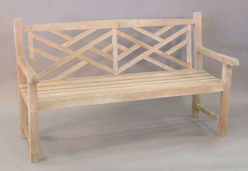 Appraisal: Teak bench with geometric back ht wd Teak bench with