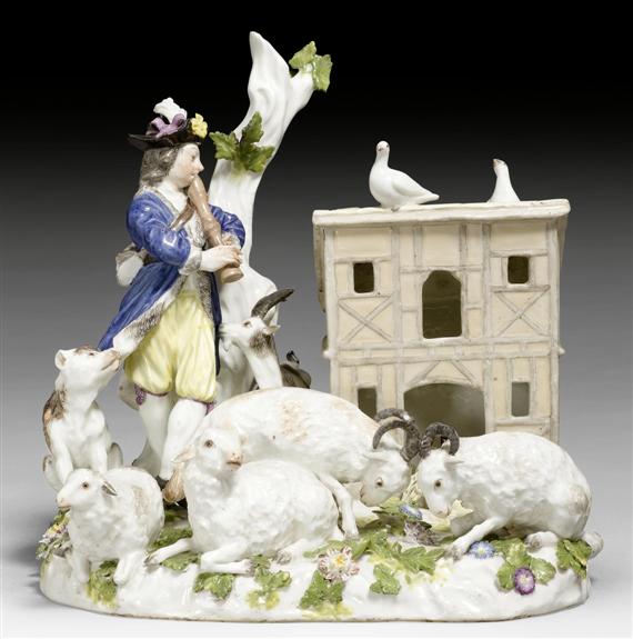 Appraisal: RARE SHEEPHERDER GROUP MEISSEN MODEL JOHANN GOTTLIEB EHDER CIRCA Underglaze