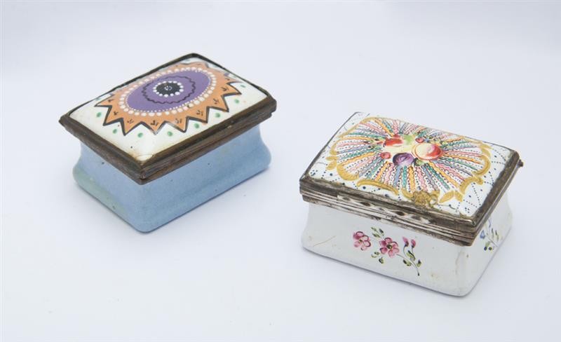 Appraisal: TWO SOUTH STAFFORDSHIRE ENAMEL RECTANGULAR SNUFF BOXES One with silver-plate