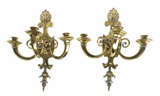 Appraisal: A Pair of Brass Three-Light Wall Sconces each having a