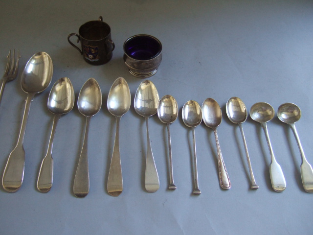 Appraisal: Silver comprising a pair of salt spoons nine further spoons