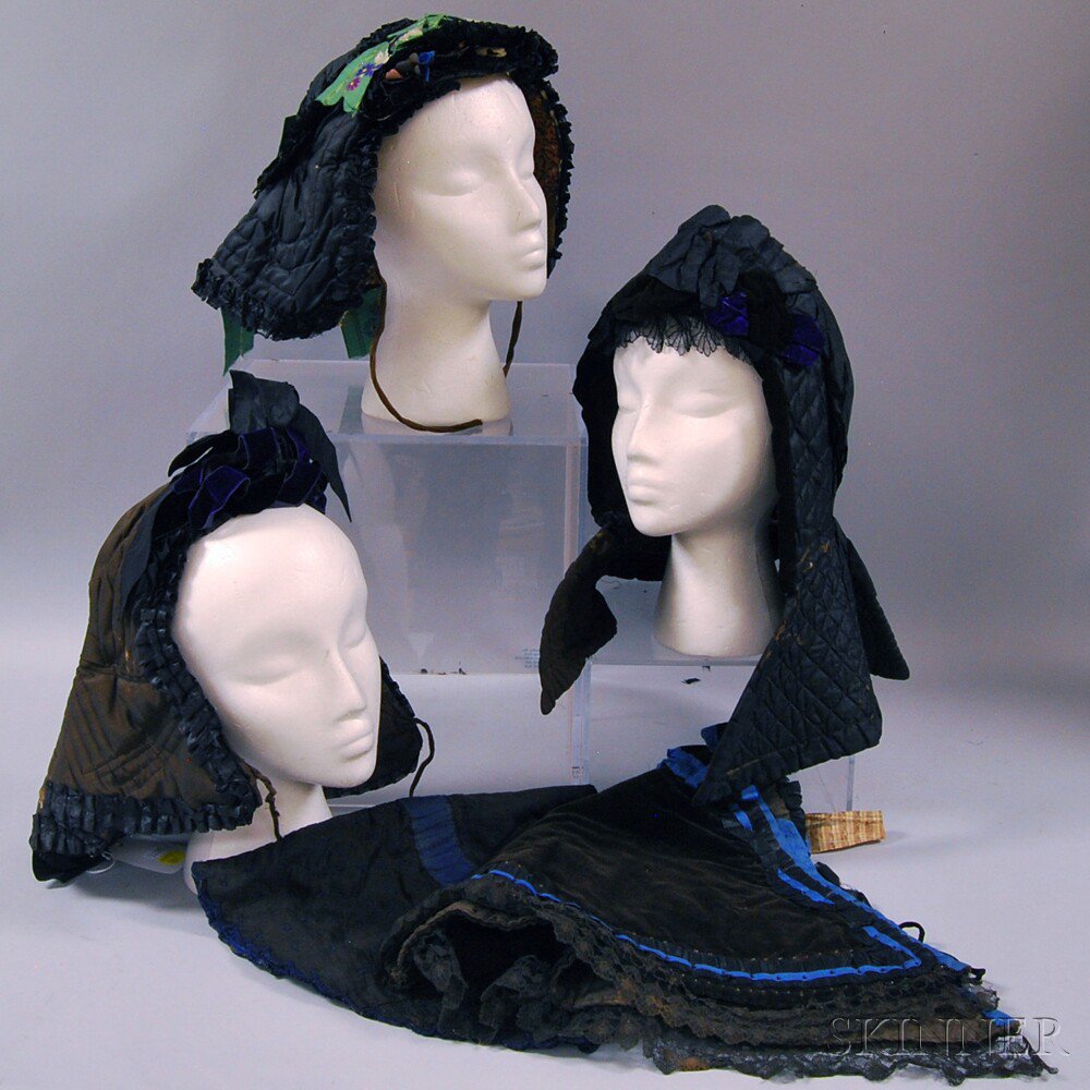 Appraisal: Five Quilted Silk and Velvet Hoods Europe - a black