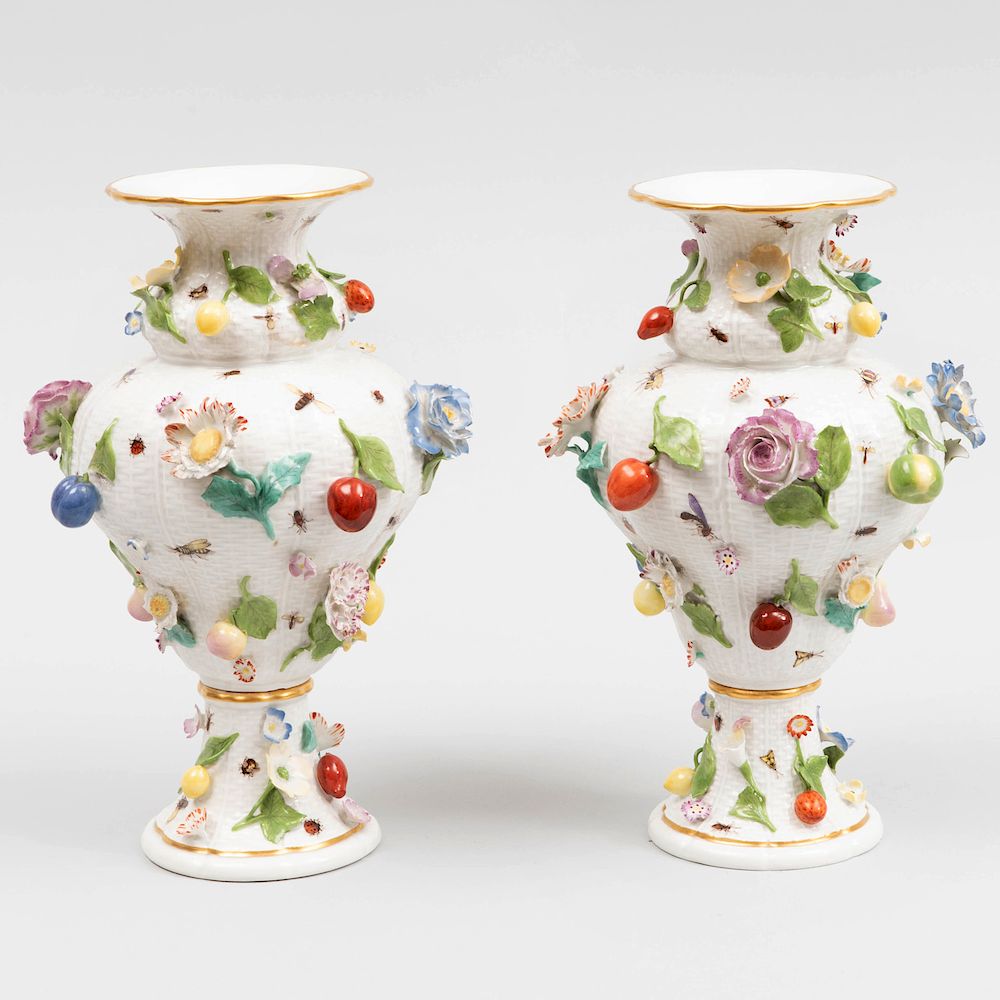 Appraisal: Pair of Meissen Porcelain Fruit and Flower Encrusted Vases Each