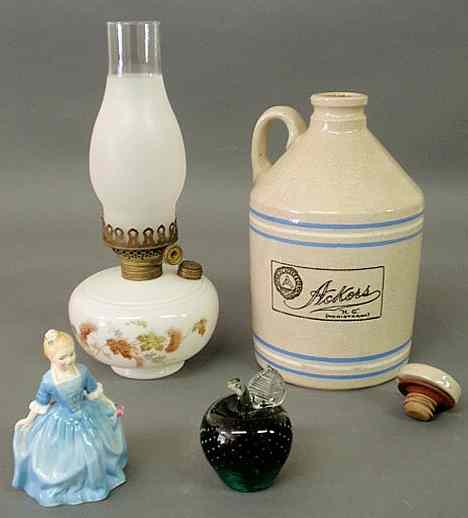 Appraisal: Misc grouping- Stanley Ackers jug h milk glass oil lamp